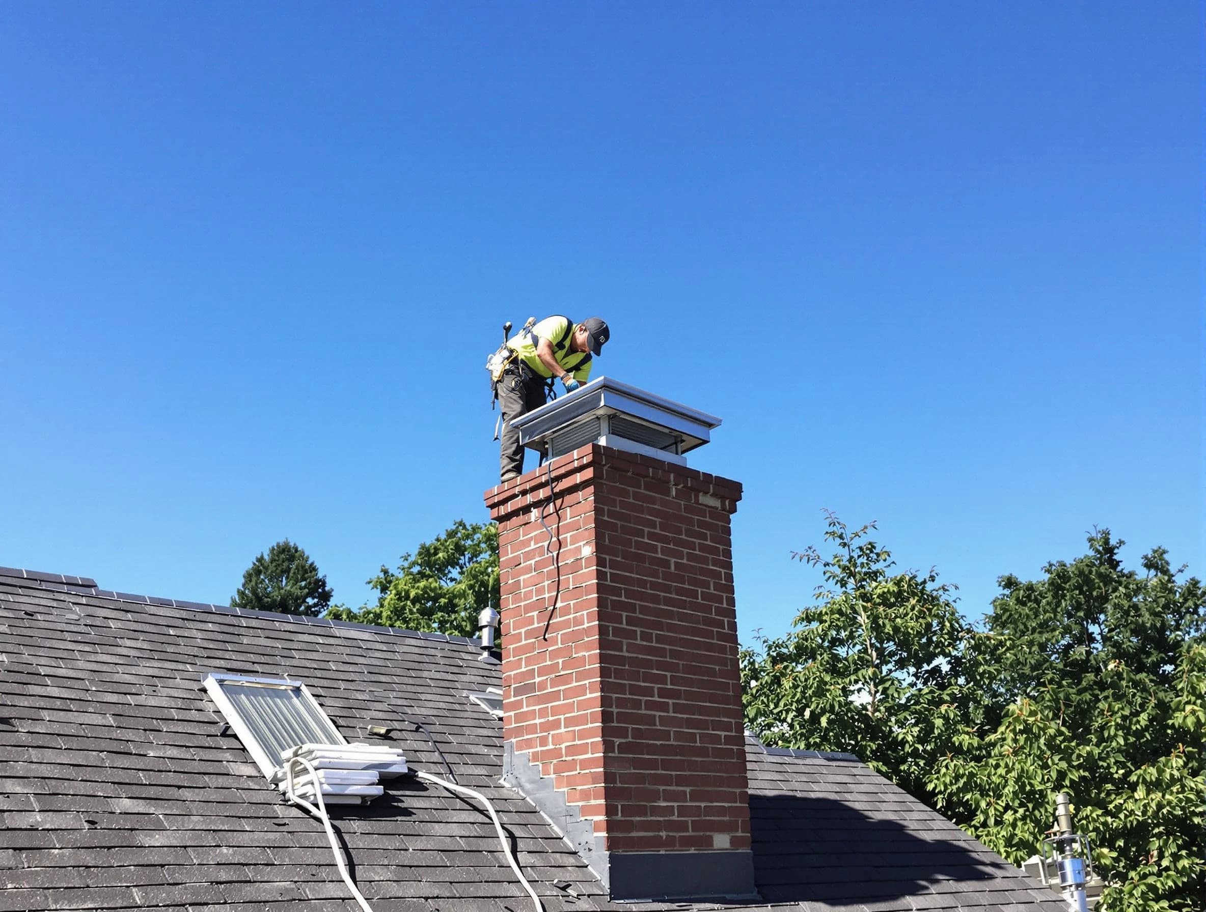 Clinton Chimney Sweep technician measuring a chimney cap in Clinton, UT
