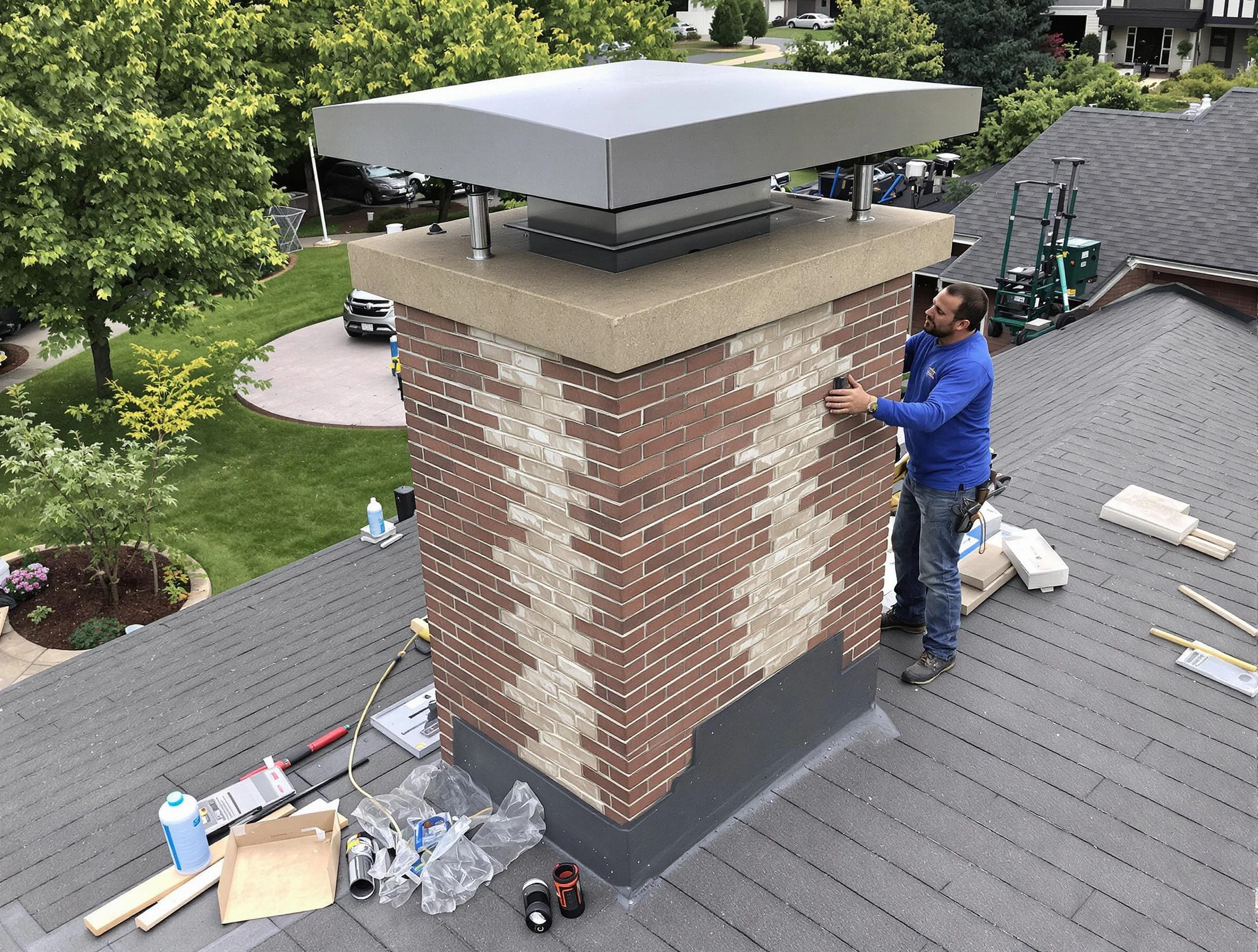 Clinton Chimney Sweep team working on a custom chimney remodel in Clinton, UT